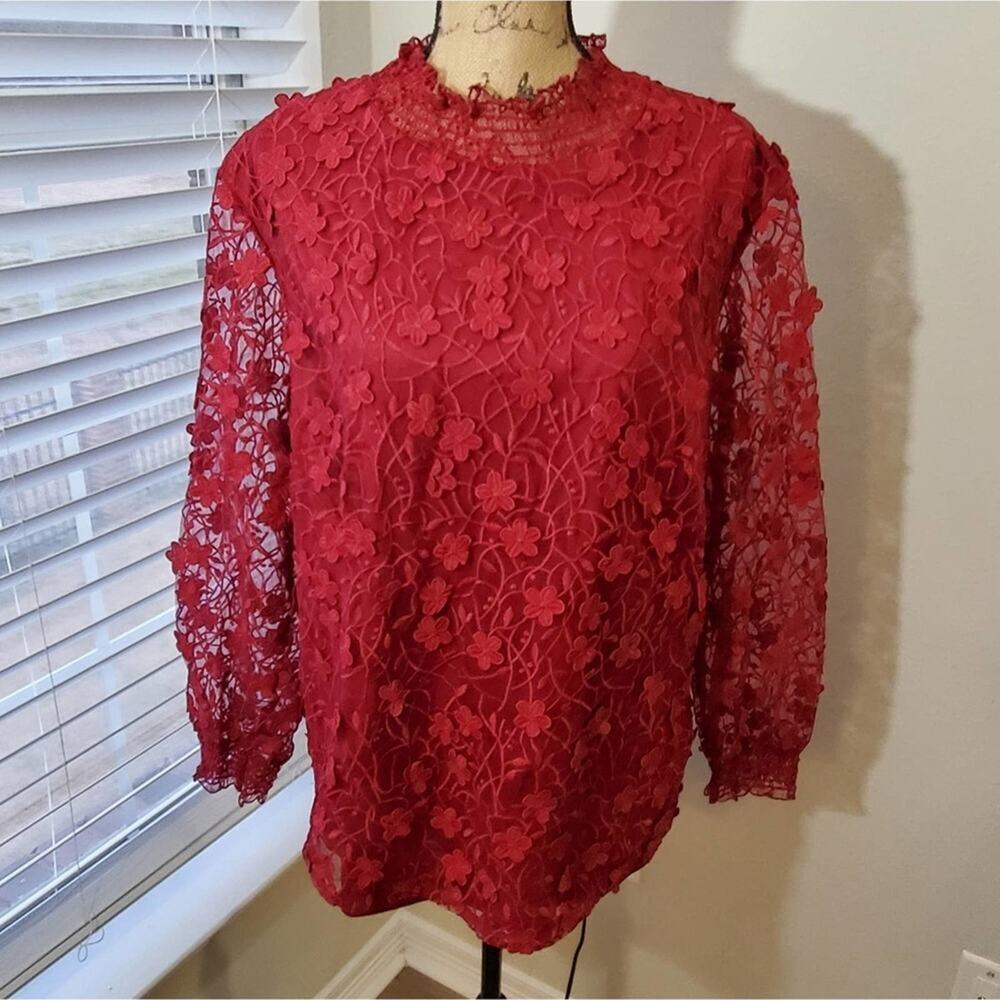 ADIVA red floral lace puffed sleeve‎ blouse plus size 2X NEW!!!